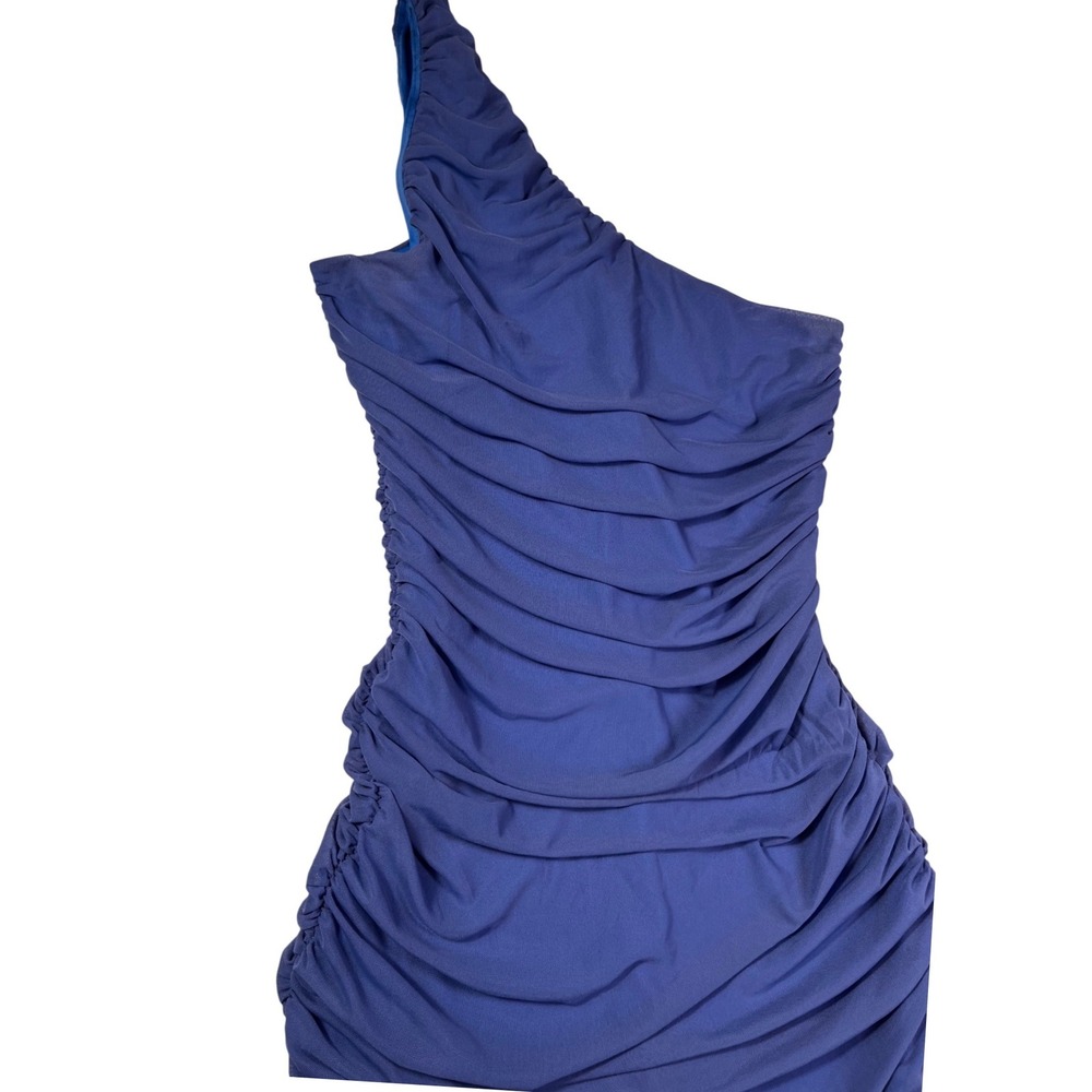 ZESICA Blue One Shoulder Ruched Mesh‎ Midi Dress Bodycon Cocktail L - Picture 6 of 15